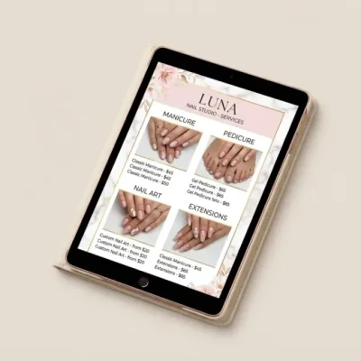 Catálogo de modelos de unhas exibido em tablet